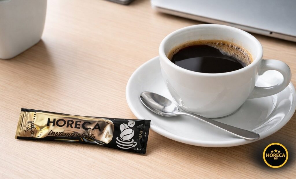 Šolja crne kafe na stolu pored HORECA instant kesice za kafu