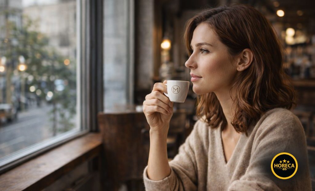 Žena pije kafu u kafiću dok na šoljici vidi logo brenda