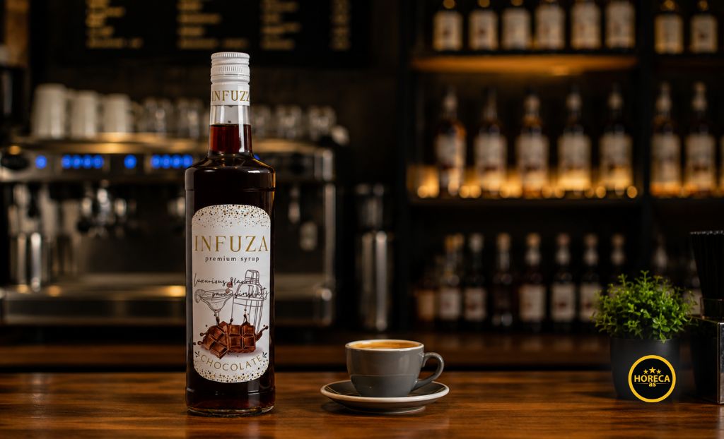 Boca čokoladnog sirupa pored šoljice espreso kafe