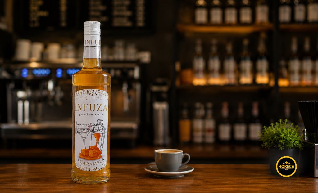 Boca karamel sirupa pored šoljice kafe
