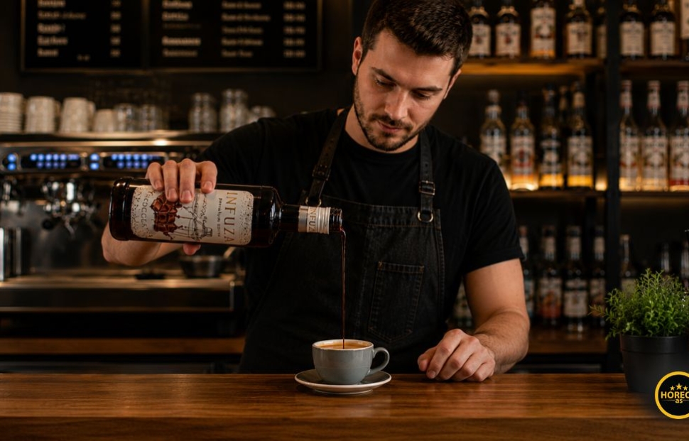 Barista sipa sirup u šolju kafe