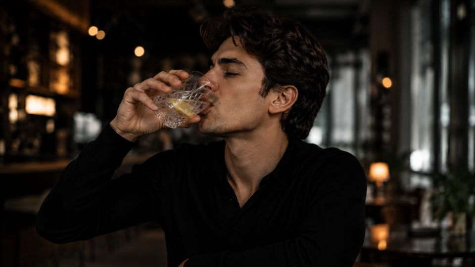 Muškarac ispija piće na bazi vodke u modernom barskom ambijentu