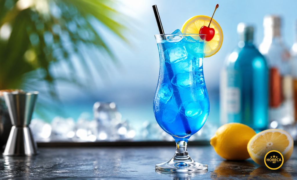 Blue Lagoon koktel jarko plave boje sa ledom, kriškom limuna i trešnjom.