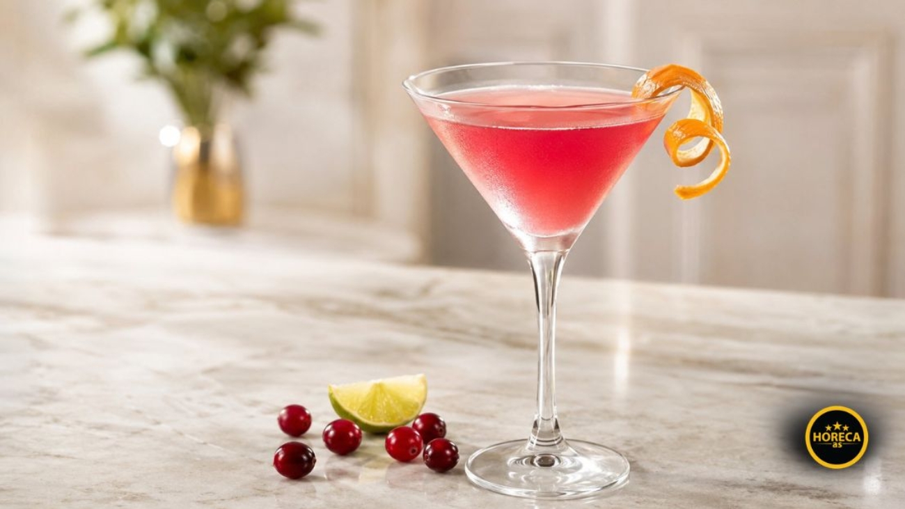 Cosmopolitan koktel roze boje ukrašen spiralom kore pomorandže u martini čaši.