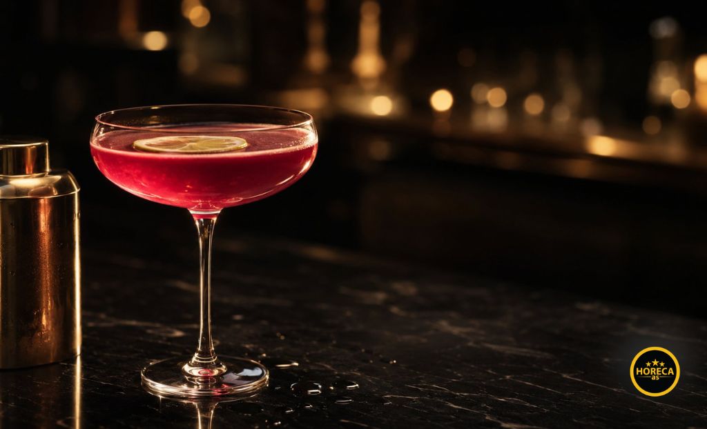 Cosmopolitan koktel roze boje sa dekorativnom kriškom limuna u elegantnoj čaši.