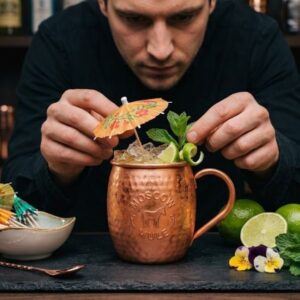 Barmen dekoriše Moscow Mule koktel kriškom limete, svežom nanom i ukrasnim kišobrančićem.