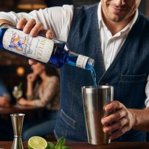 Barmen u teksas prsluku sipa plavi Infuza Blue Curacao sirup iz flaše direktno u metalni šejker za koktele za šankom.