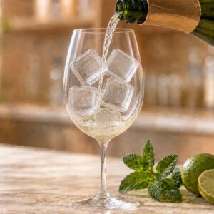 Sipanje prosecca u vinsku čašu sa ledom tokom pripreme Hugo koktela.