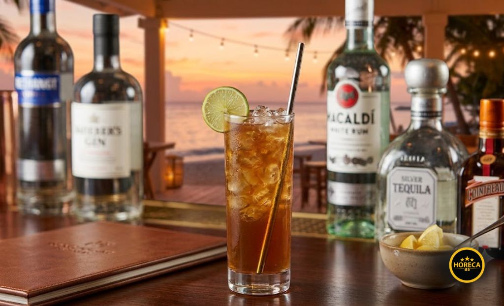 Long Island Iced Tea koktel sa ledom i kriškom limete, poslužen u visokoj čaši.
