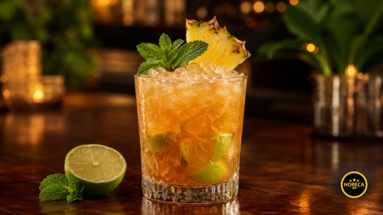 Mai Tai koktel sa drobljenim ledom, komadićima limete, nanom i kriškom ananasa.