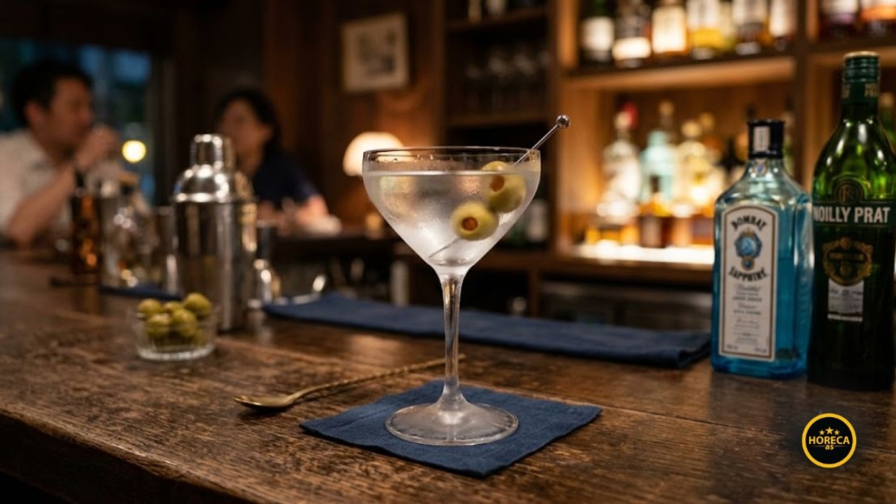 Krupni plan hladnog martini koktela sa dvije masline na drvenom barskom pultu. U pozadini se vide boce džina, vermuta i mutne figure ljudi u baru.