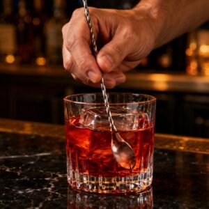 Barmen barskom kašikom meša Negroni koktel sa velikom kockom leda.