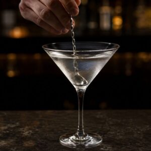 Ruka meša providni Martini koktel bez leda pomoću barske kašike.