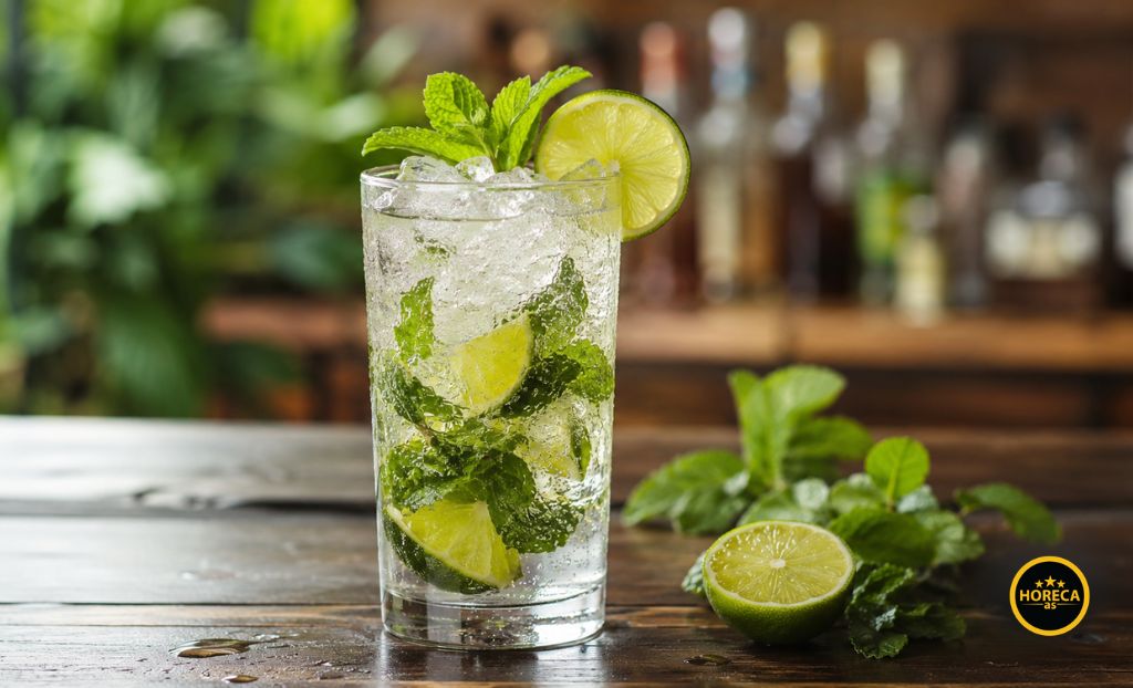 Mojito koktel sa ledom, limetom i svežom nanom poslužen u visokoj čaši.