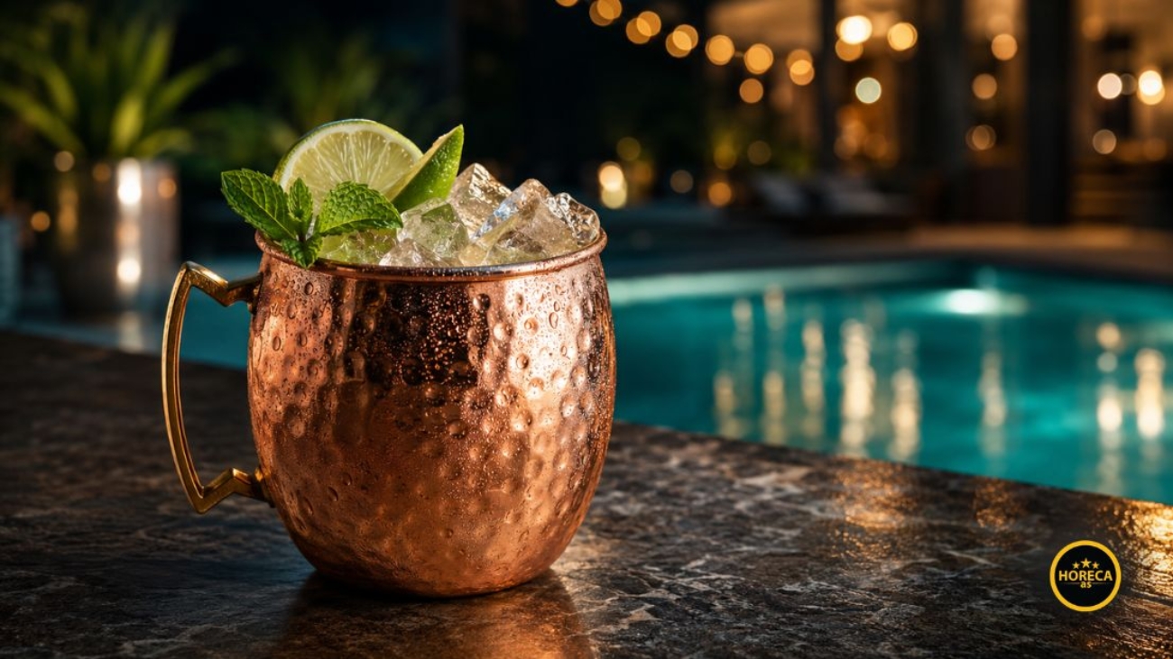 Moscow Mule koktel sa ledom, limetom i nanom u ohlađenoj bakarnoj šolji pored bazena.