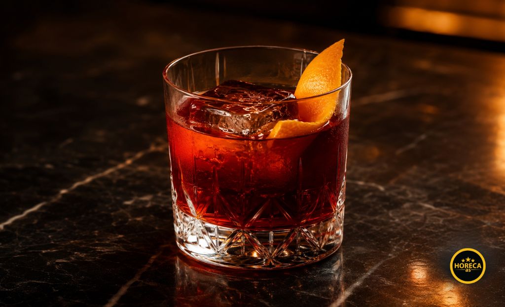 Negroni koktel sa ledom i korom pomorandže u old fashioned čaši.