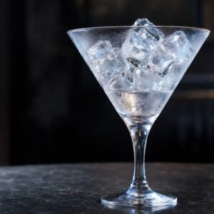 Ohlađena Martini čaša puna leda sa malom količinom votke na tamnom barskom stolu.
