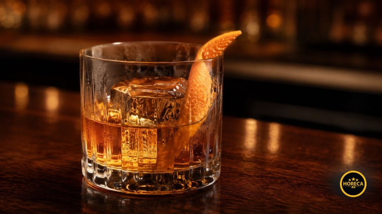 Old Fashioned koktel sa velikom kockom leda i korom pomorandže u niskoj čaši.