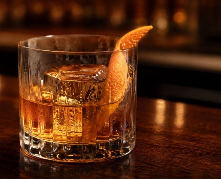 Old Fashioned koktel sa velikom kockom leda i korom pomorandže u niskoj čaši.
