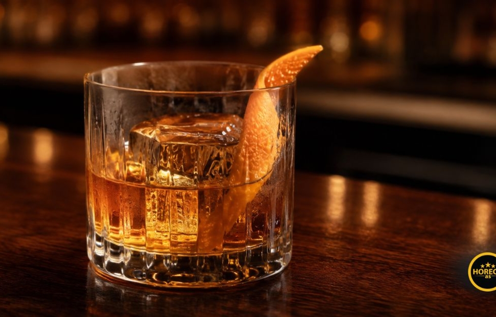 Old Fashioned koktel sa velikom kockom leda i korom pomorandže u niskoj čaši.
