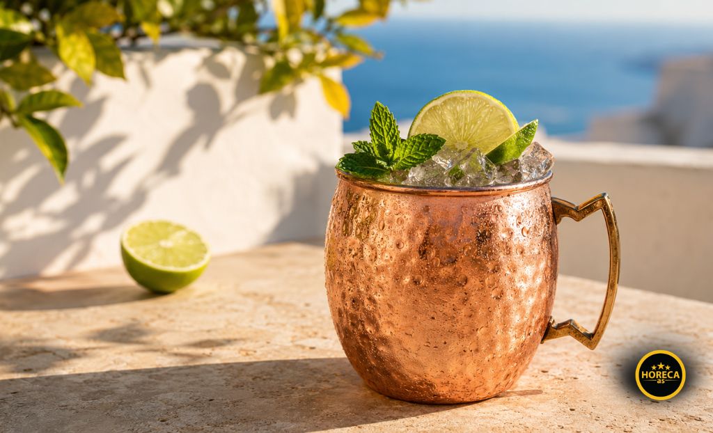 Moscow Mule sa ledom, limetom i nanom u bakarnoj šolji na sunčanoj terasi pored mora.