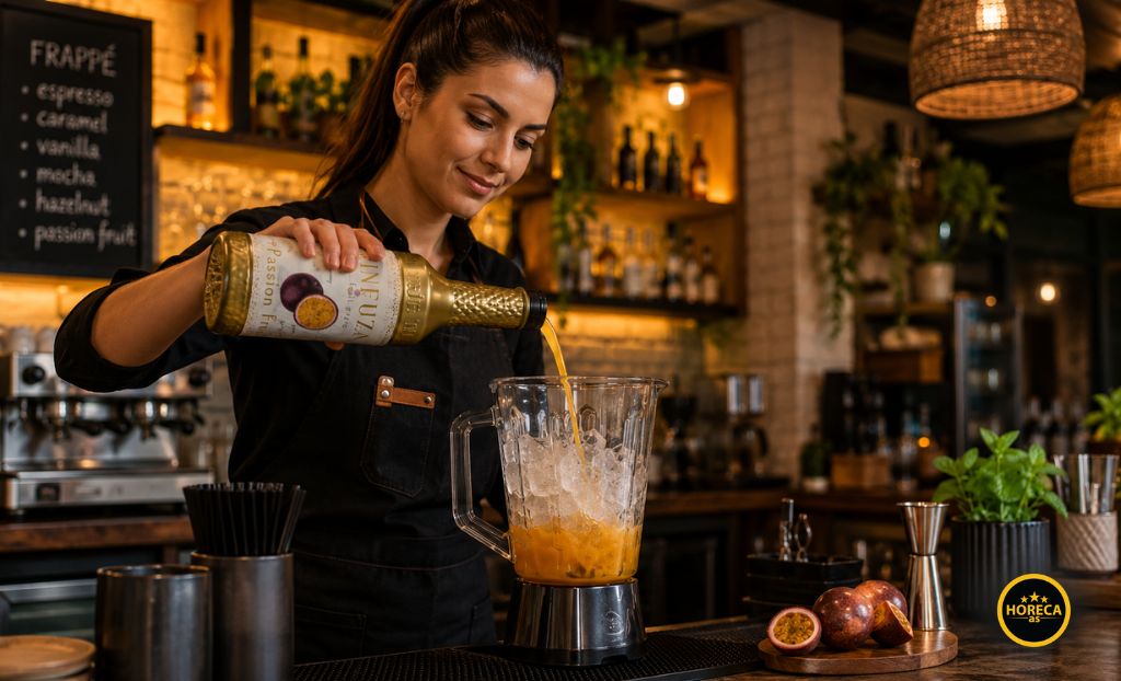 Žena barmen za šankom u restoranu sipa INFUZA Passion Fruit voćni pire u blender sa ledom za pripremu osvežavajućeg frapea.
