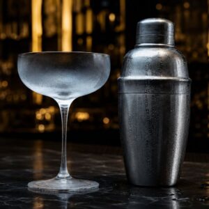 Rashlađena čaša za Cosmopolitan koktel i metalni šejker na barskom pultu.