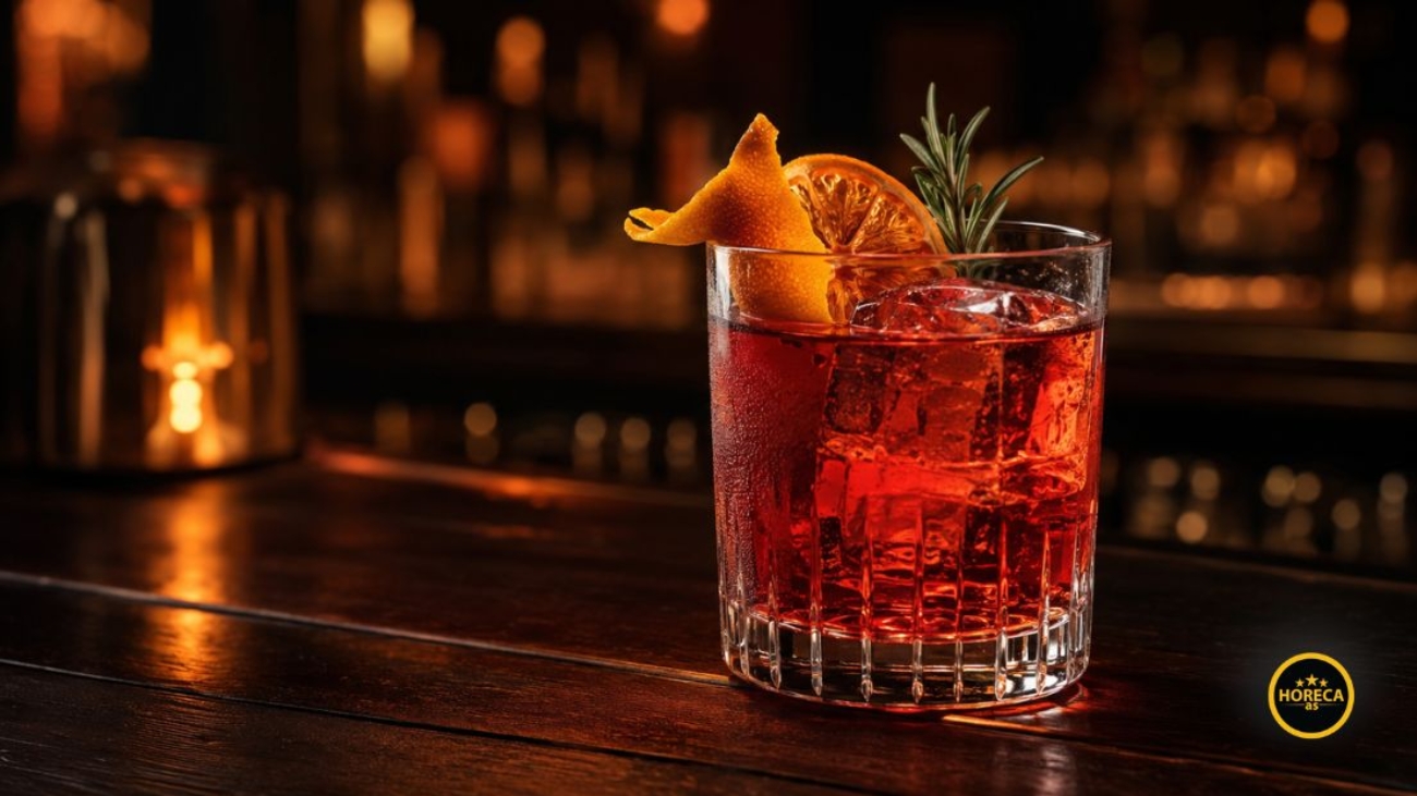 Ukrašen Negroni koktel sa ledom, korom pomorandže, sušenom pomorandžom i grančicom ruzmarina.
