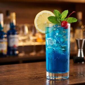 Vibrantno plavi koktel Blue Lagoon sa ledom, limunom, mentom i višnjom na drvenom šanku.