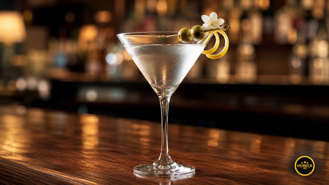 Martini koktel sa maslinama, spiralom limunove kore i belim cvetom na šanku kafića.