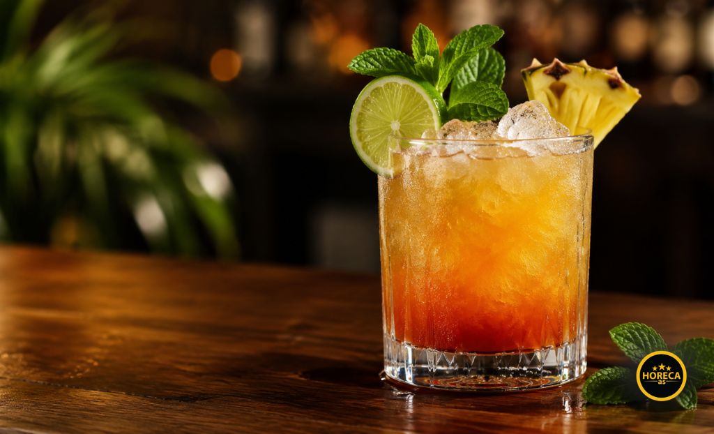 Ukrašen Mai Tai koktel sa drobljenim ledom, limetom, svežom nanom i kriškom ananasa.