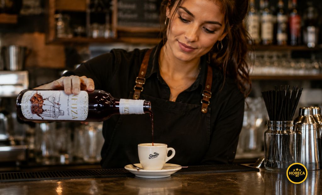 Ženski barmen sipa sirup za kafu