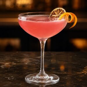 Roze Cosmopolitan koktel ukrašen sušenim citrusom i spiralom kore pomorandže.