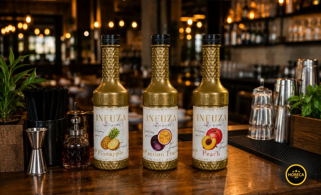 Tri INFUZA voćna pirea – Pineapple, Passion Fruit i Peach – izložena na restoranskom šanku uz barski pribor, u moderno uređenom enterijeru sa toplim ambijentalnim osvetljenjem.