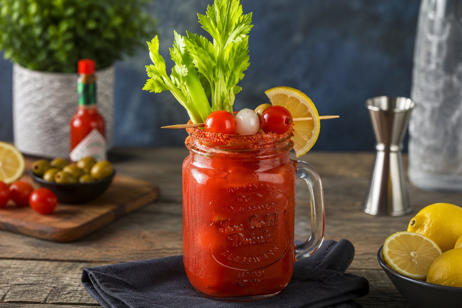 Bloody Mary koktel u staklenoj tegli sa ledom, celerom, čeri paradajzom, maslinom i kriškom limuna