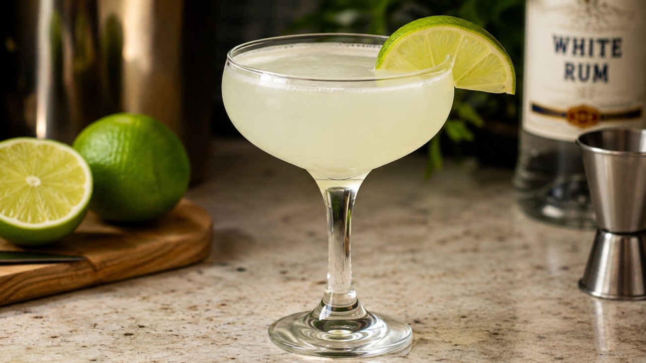 Daiquiri koktel sa belim rumom i limetom poslužen u rashlađenoj koktel čaši