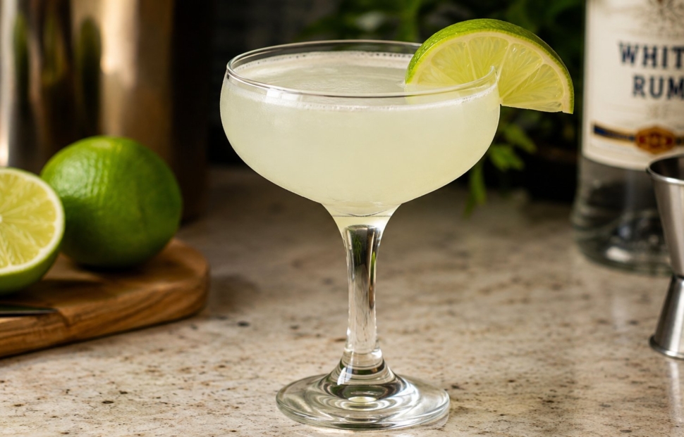 Daiquiri koktel sa belim rumom i limetom poslužen u rashlađenoj koktel čaši