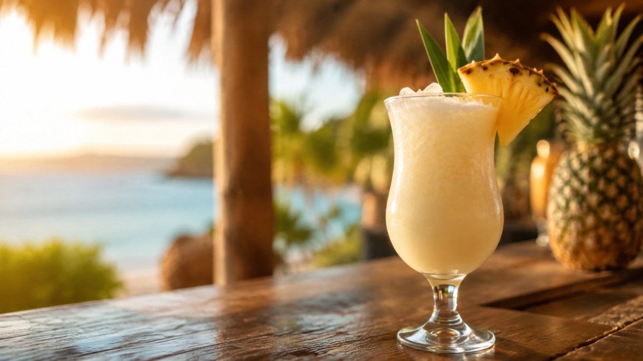 Piña Colada sa komadom ananasa na drvenom baru uz more