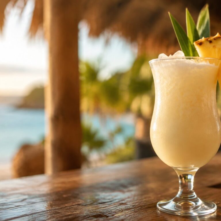 Piña Colada sa komadom ananasa na drvenom baru uz more