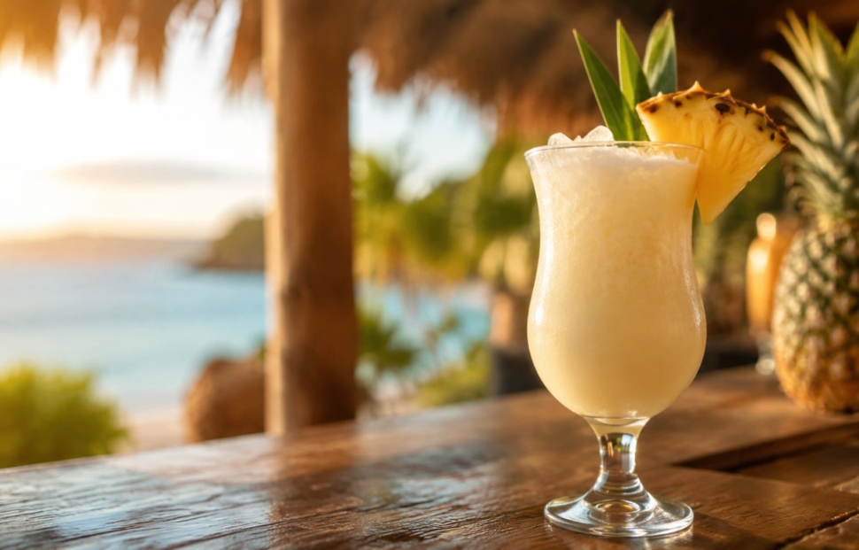 Piña Colada sa komadom ananasa na drvenom baru uz more