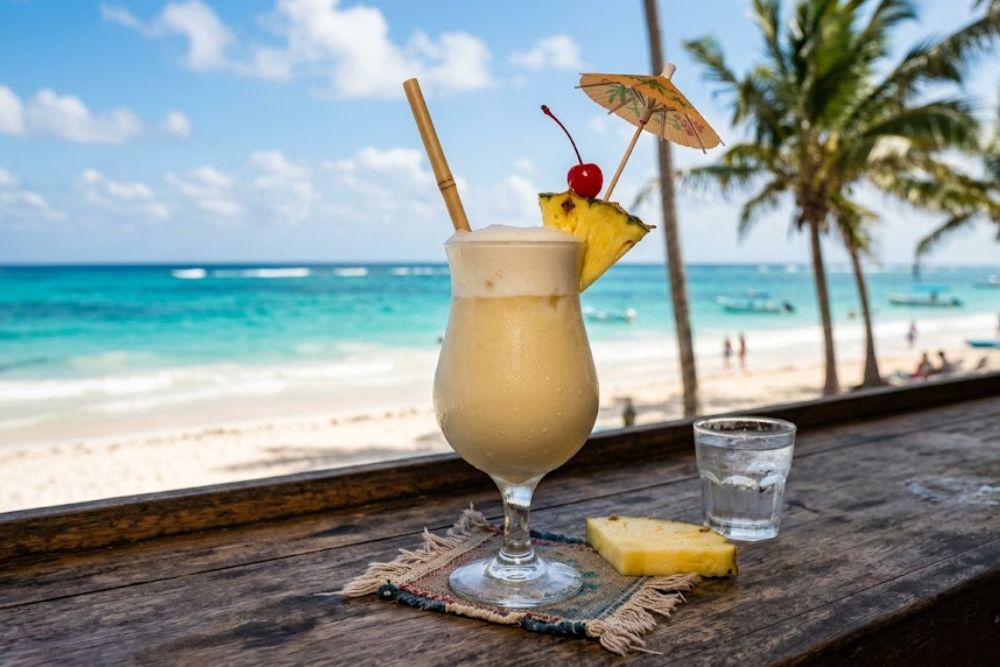 Osvežavajući Piña Colada koktel u velikoj čaši na stalku, dekorisan kriškom ananasa, višnjom i malim suncobranom, serviran na drvenom šanku sa pogledom na tropsku peščanu plažu, tirkizno more i palme pod plavim nebom.