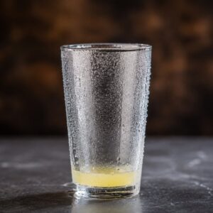 Rashlađena visoka čaša za Bloody Mary sa kondenzacijom i malom količinom limunovog soka na dnu