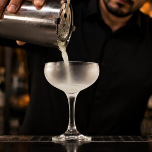 Barmen procedi završeni Daiquiri iz šejkera u praznu rashlađenu koktel čašu bez leda